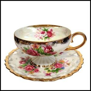 Vintage LM Royal Halsey Roses‎ Very Fine Iridescent Teacup Saucer Lusterware